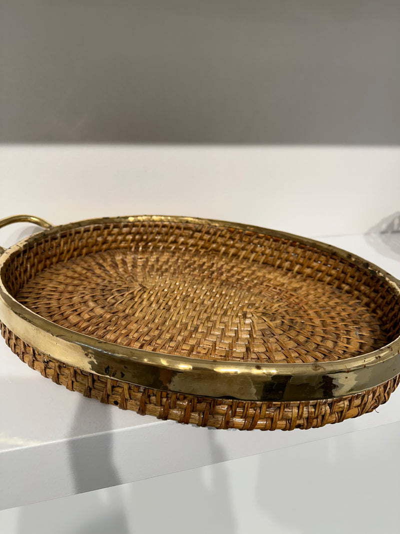 Woven Rattan Tray with Brass Trim